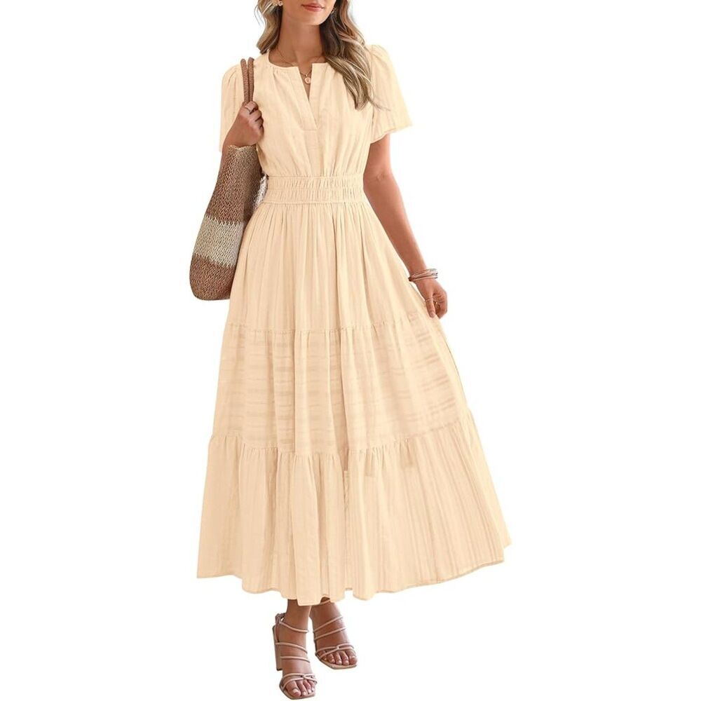 Women's Apricot V Neck Short Sleeve A Line Summer Casual Maxi Dresses Pockets